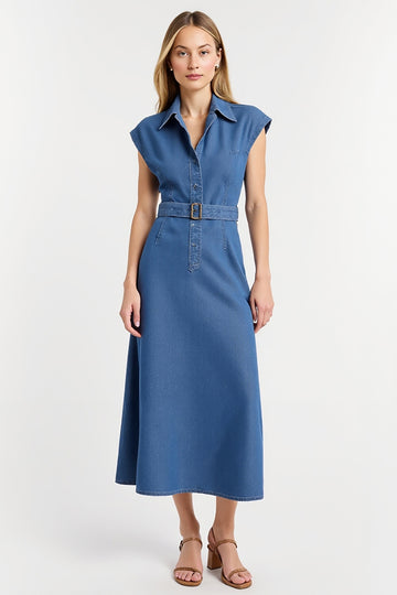 Grey Blue Lapel Neck Sheath Midi Work Dress